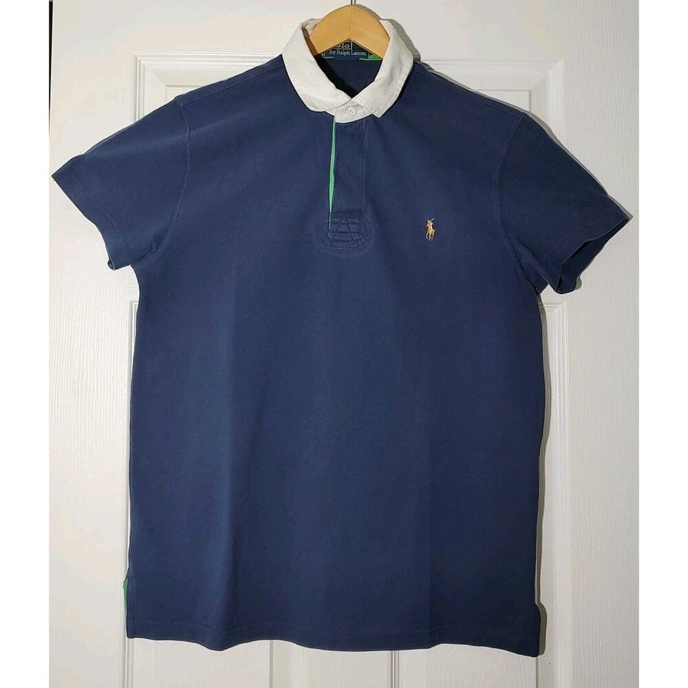 Men's Ralph Lauren Rugby Polo Shirt Navy Blue Contrast Collar Green Trim - Mediu